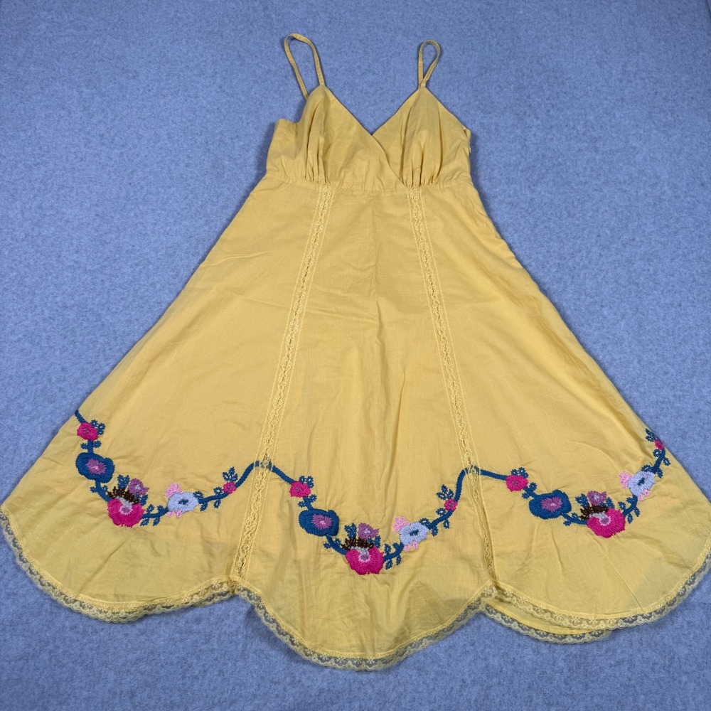 Aryeh Yellow Cottagecore Whimsical Floral Embroidered Cotton Midi Sun Dress S